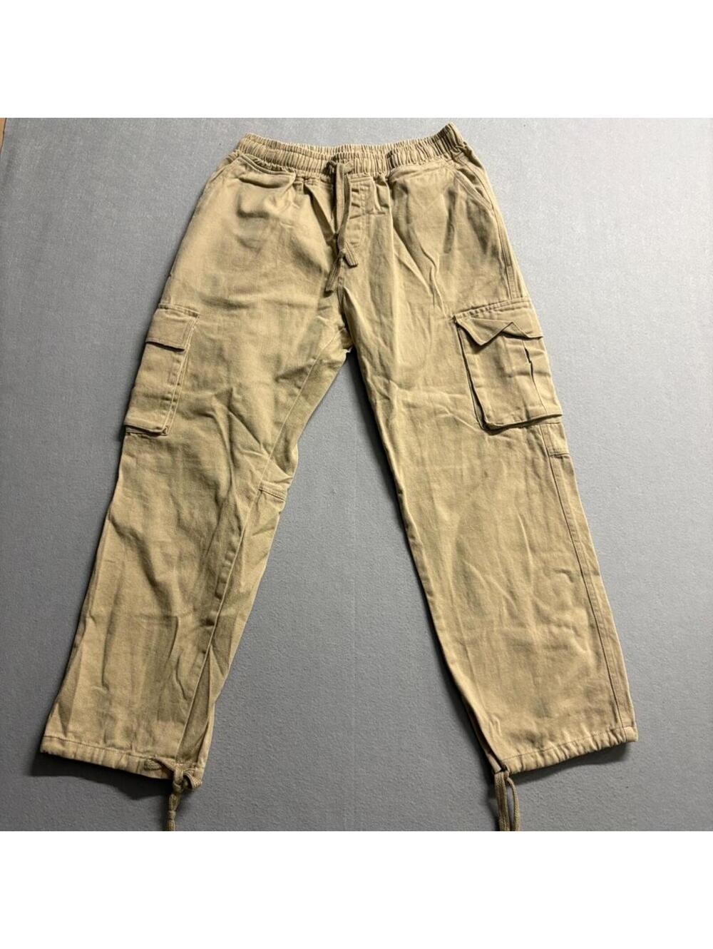 Unbranded Mens Cargo Pants Size L Beige Twill Elastic Waist Drawstring Hem
